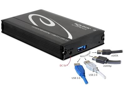 2.5" Boîtier externe SATA DD à Multiport USB 3.0 + eSATAp (disque dur jusqu'à 15 mm)